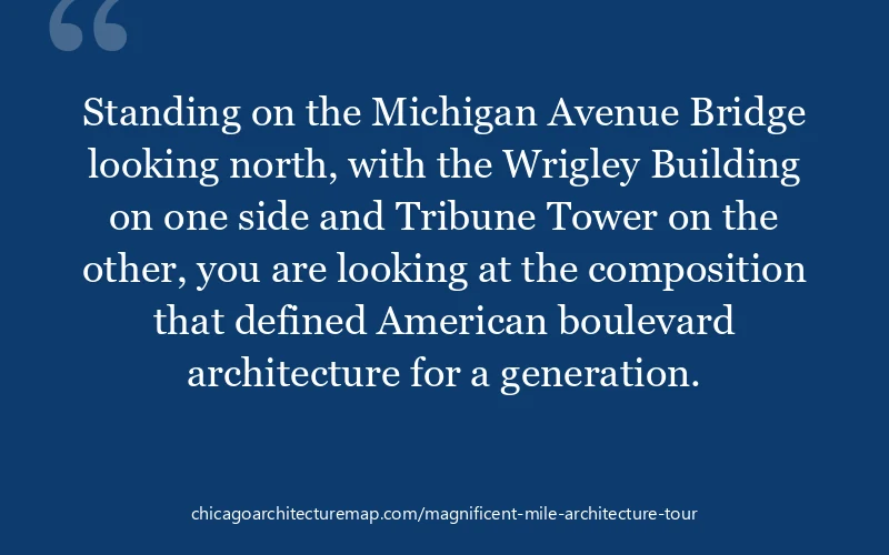 Magnificent Mile Michigan Avenue Bridge Wrigley Building Tribune Tower view pullquote